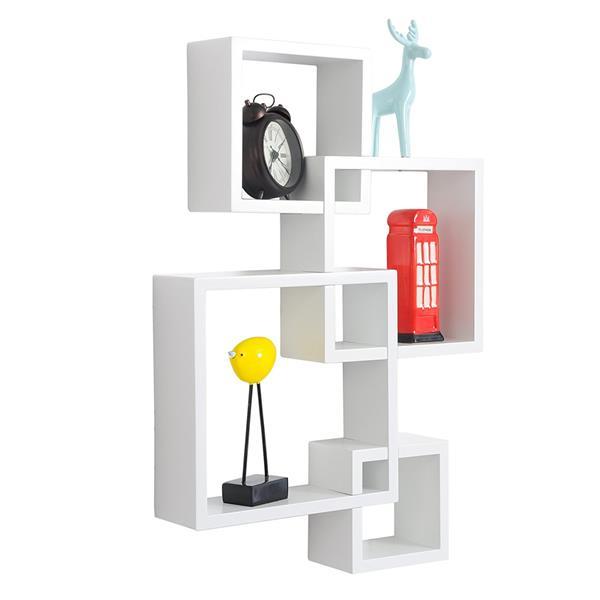 Set of 4 intersecting decorative wall shelves in white, black, and brown, showcasing stylish home storage solutions.