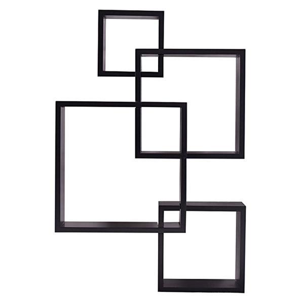 Set of 4 intersecting decorative wall shelves in white, black, and brown, showcasing stylish home storage solutions.