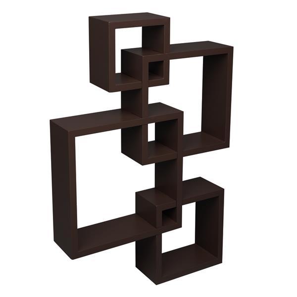 Set of 4 intersecting decorative wall shelves in white, black, and brown, showcasing stylish home storage solutions.