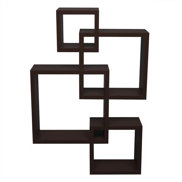 Set of 4 intersecting decorative wall shelves in white, black, and brown, showcasing stylish home storage solutions.