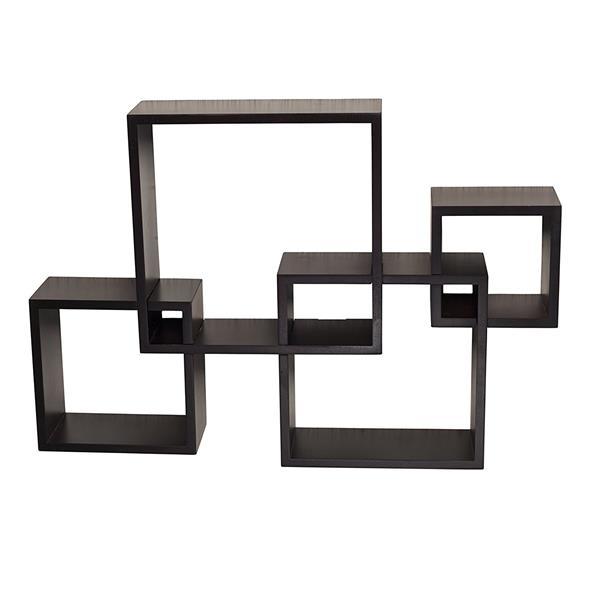 Set of 4 intersecting decorative wall shelves in white, black, and brown, showcasing stylish home storage solutions.
