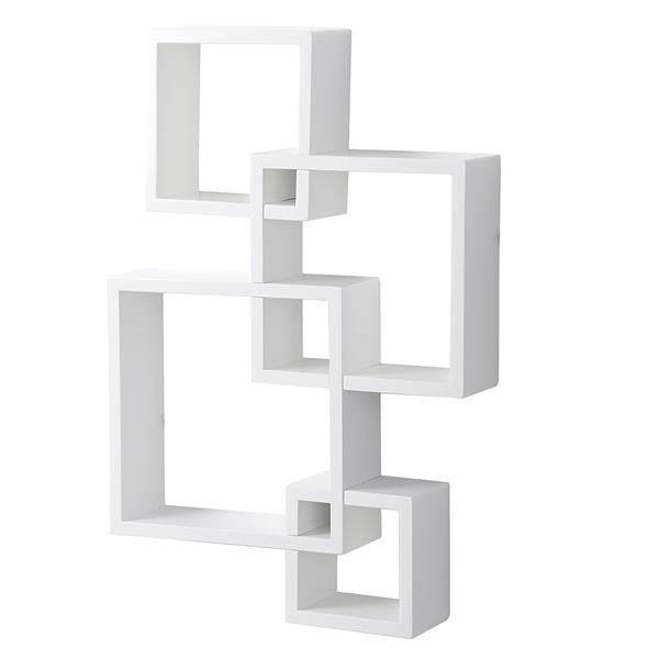 Set of 4 intersecting decorative wall shelves in white, black, and brown, showcasing stylish home storage solutions.