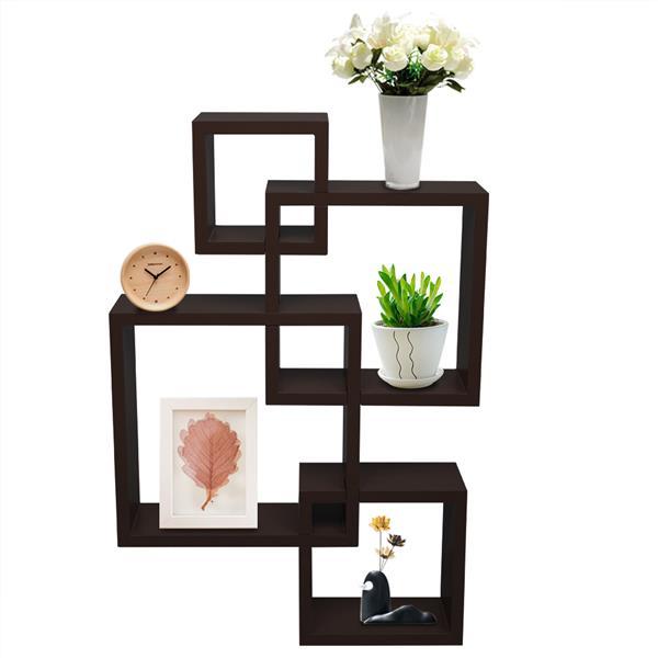 Set of 4 intersecting decorative wall shelves in white, black, and brown, showcasing stylish home storage solutions.