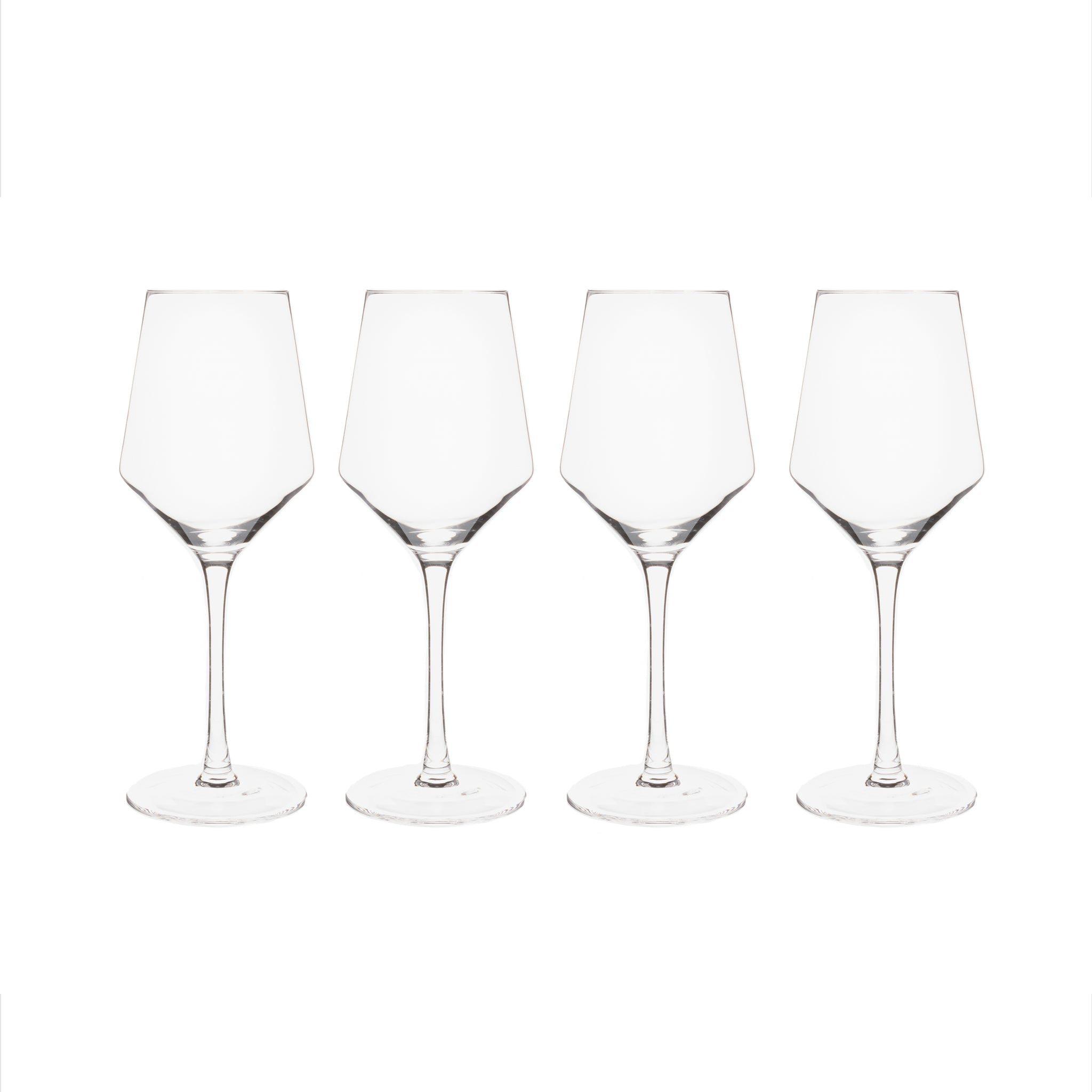 Four empty wine glasses.