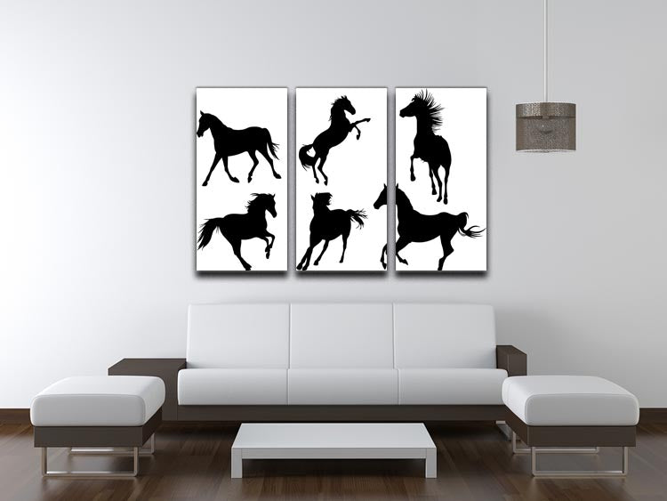 A stunning 3-panel canvas print featuring elegant horse silhouettes against a minimalist background, perfect for home decor.