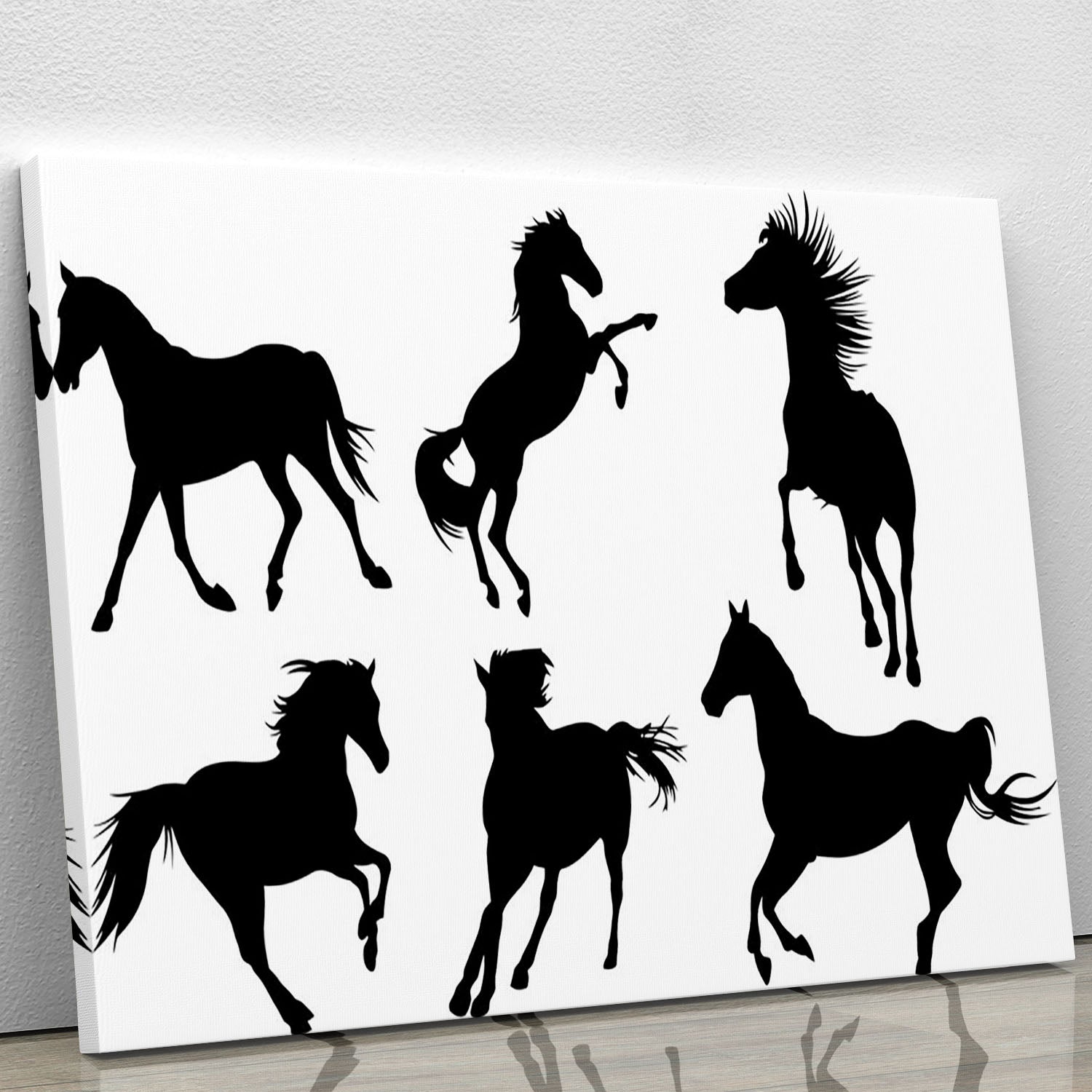A collection of elegant horse silhouette canvas prints and posters showcasing various designs, perfect for home or office decor.