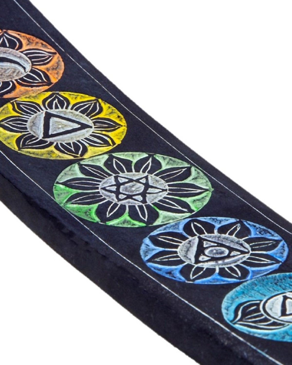 A beautifully handcrafted 10-inch soapstone incense burner featuring seven chakra colors and designs, perfect for holding incense sticks.