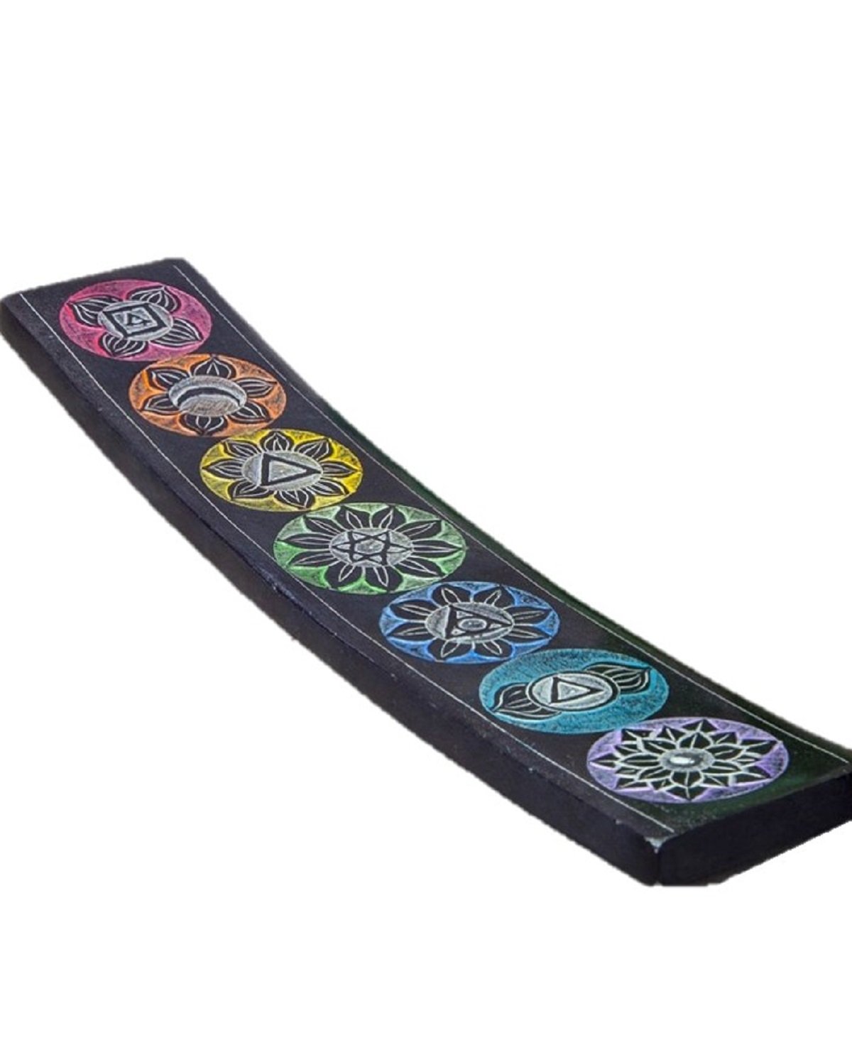 A beautifully handcrafted 10-inch soapstone incense burner featuring seven chakra colors and designs, perfect for holding incense sticks.