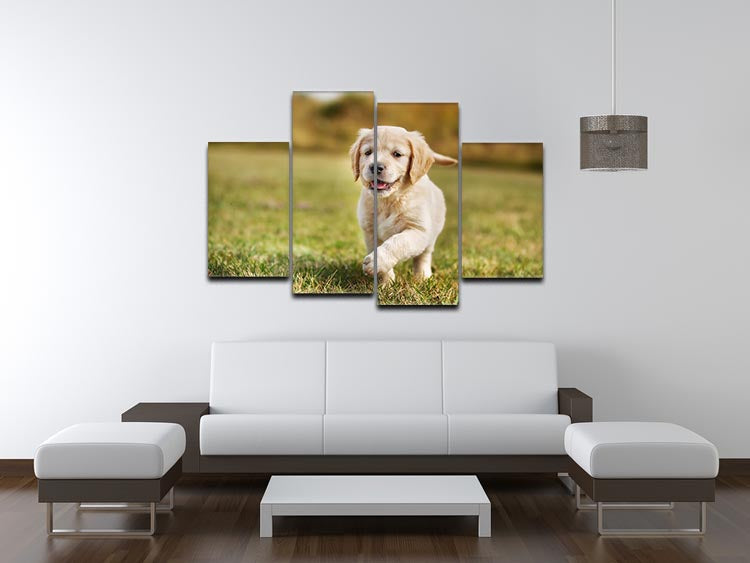 A beautiful 4 split panel canvas featuring a seven-week-old golden retriever puppy, showcasing its playful and innocent nature.