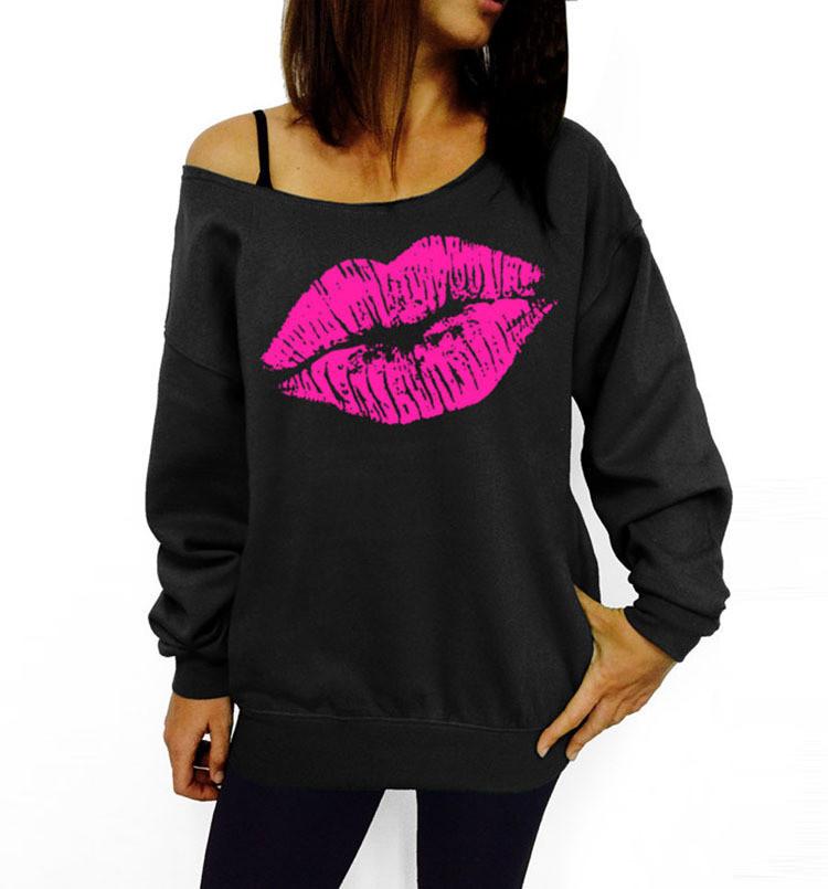 A stylish women's pullover featuring a unique lips print design, hooded style, and one shoulder cut, perfect for casual wear.