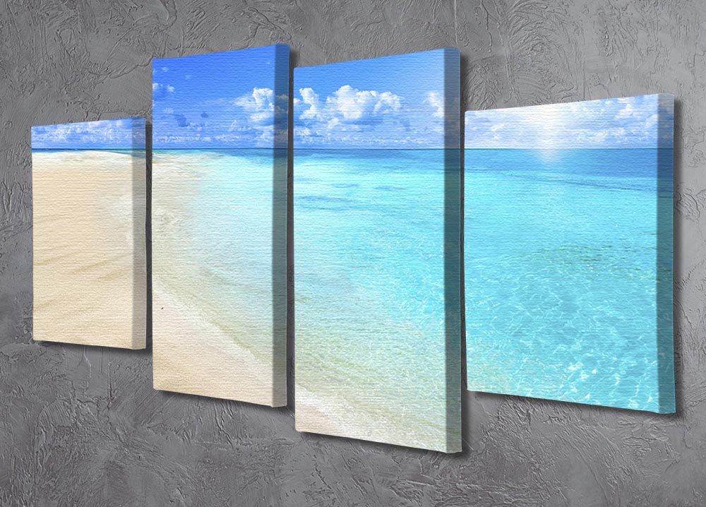 A vibrant 4-panel canvas artwork featuring shells on a sunny beach, showcasing intricate details and colors.