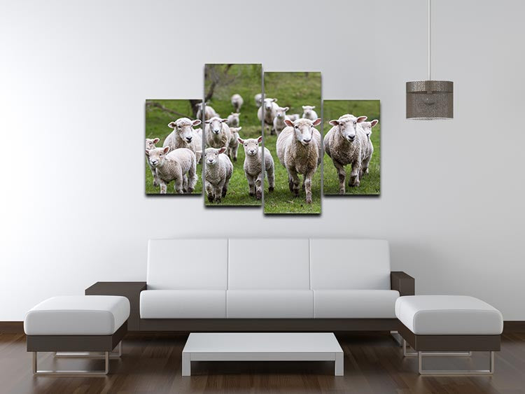 A beautiful 4-split canvas artwork featuring sheep and lambs in a lush paddock, showcasing serene nature.