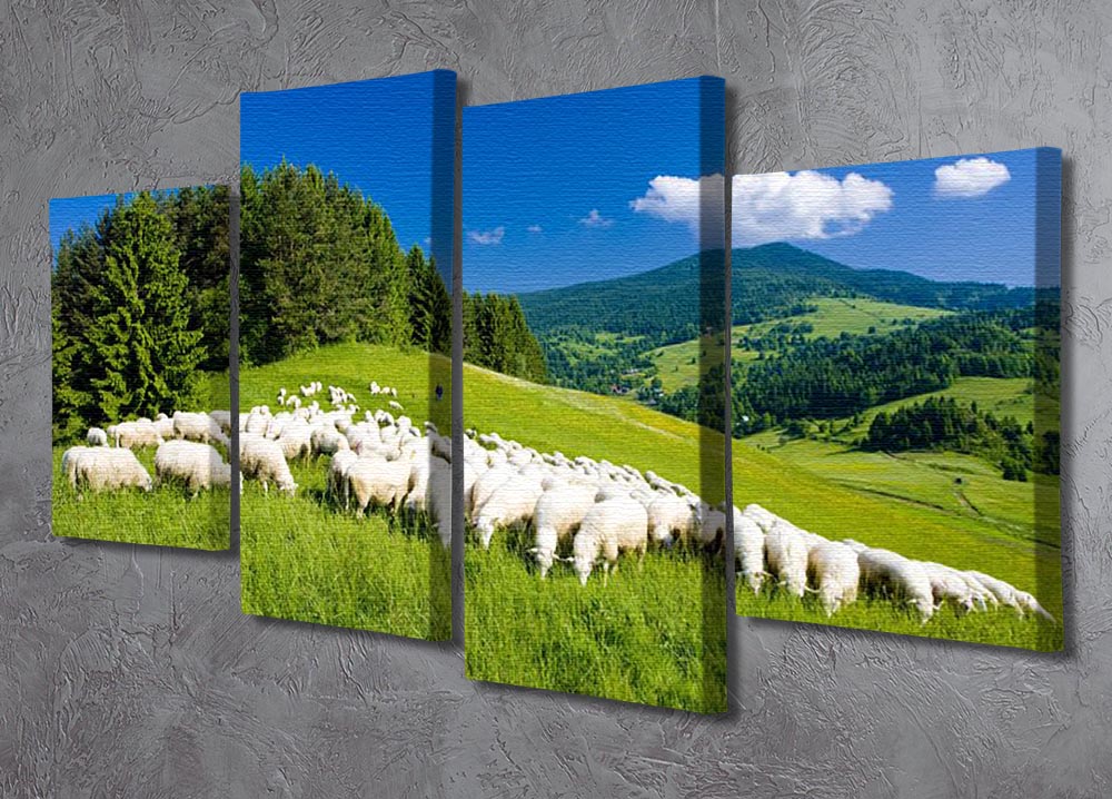A beautiful 4-split canvas artwork featuring sheep in a serene landscape, showcasing four panels that create a cohesive image.