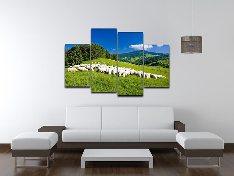 A beautiful 4-split canvas artwork featuring sheep in a serene landscape, showcasing four panels that create a cohesive image.
