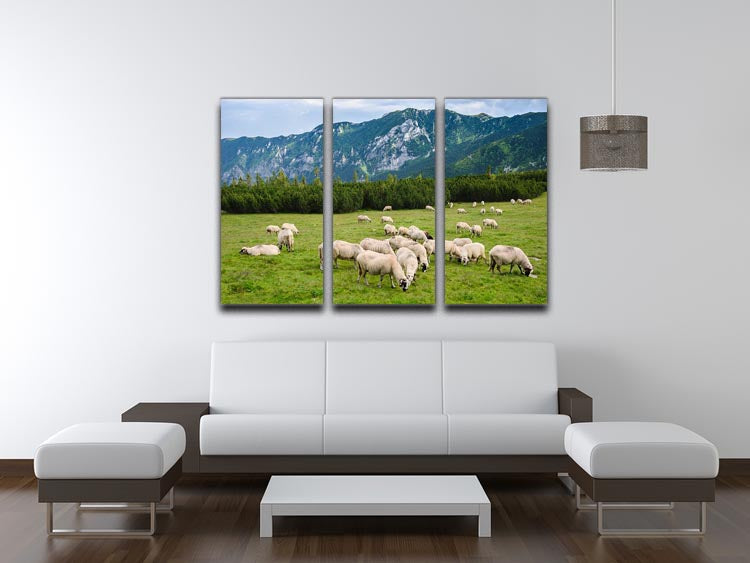 A beautiful 3-panel canvas print depicting sheep grazing in lush alpine pastures, showcasing serene nature scenery.