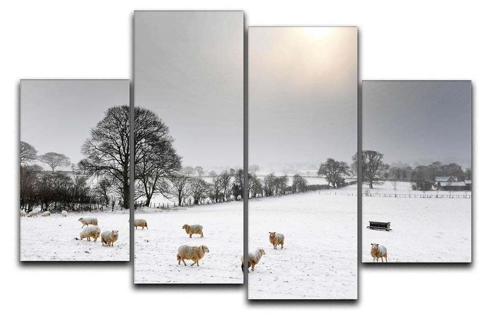 A beautiful 4-split canvas artwork depicting serene sheep in a snowy landscape, showcasing a tranquil winter scene.