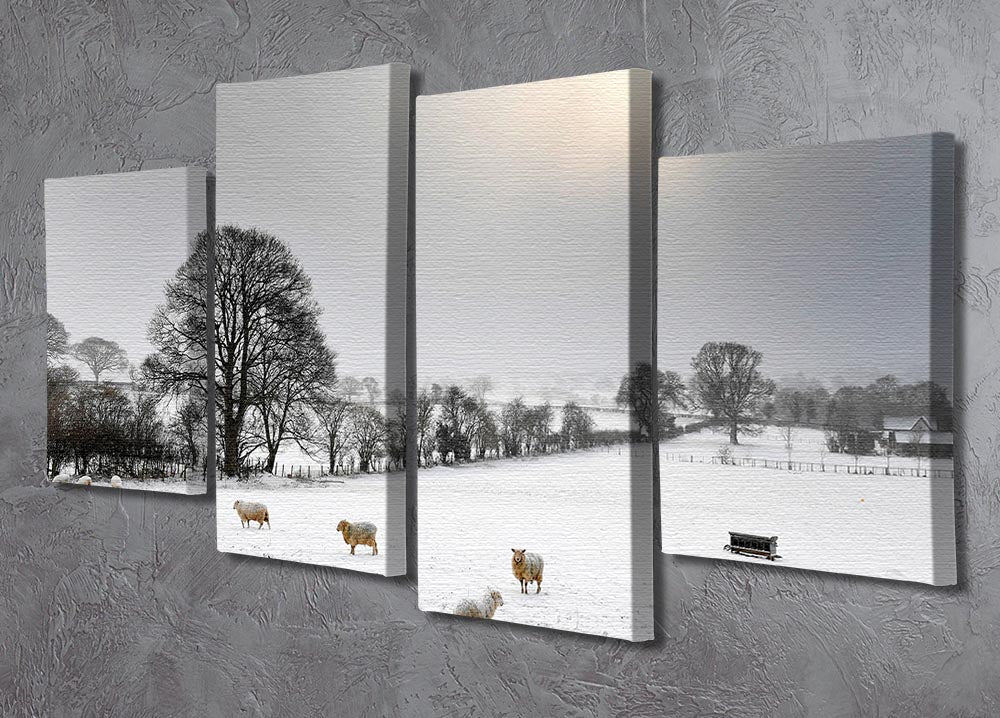 A beautiful 4-split canvas artwork depicting serene sheep in a snowy landscape, showcasing a tranquil winter scene.