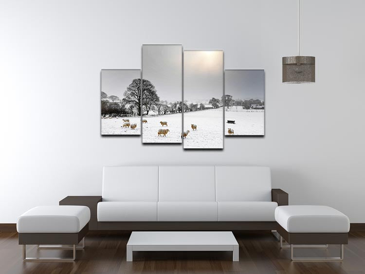 A beautiful 4-split canvas artwork depicting serene sheep in a snowy landscape, showcasing a tranquil winter scene.