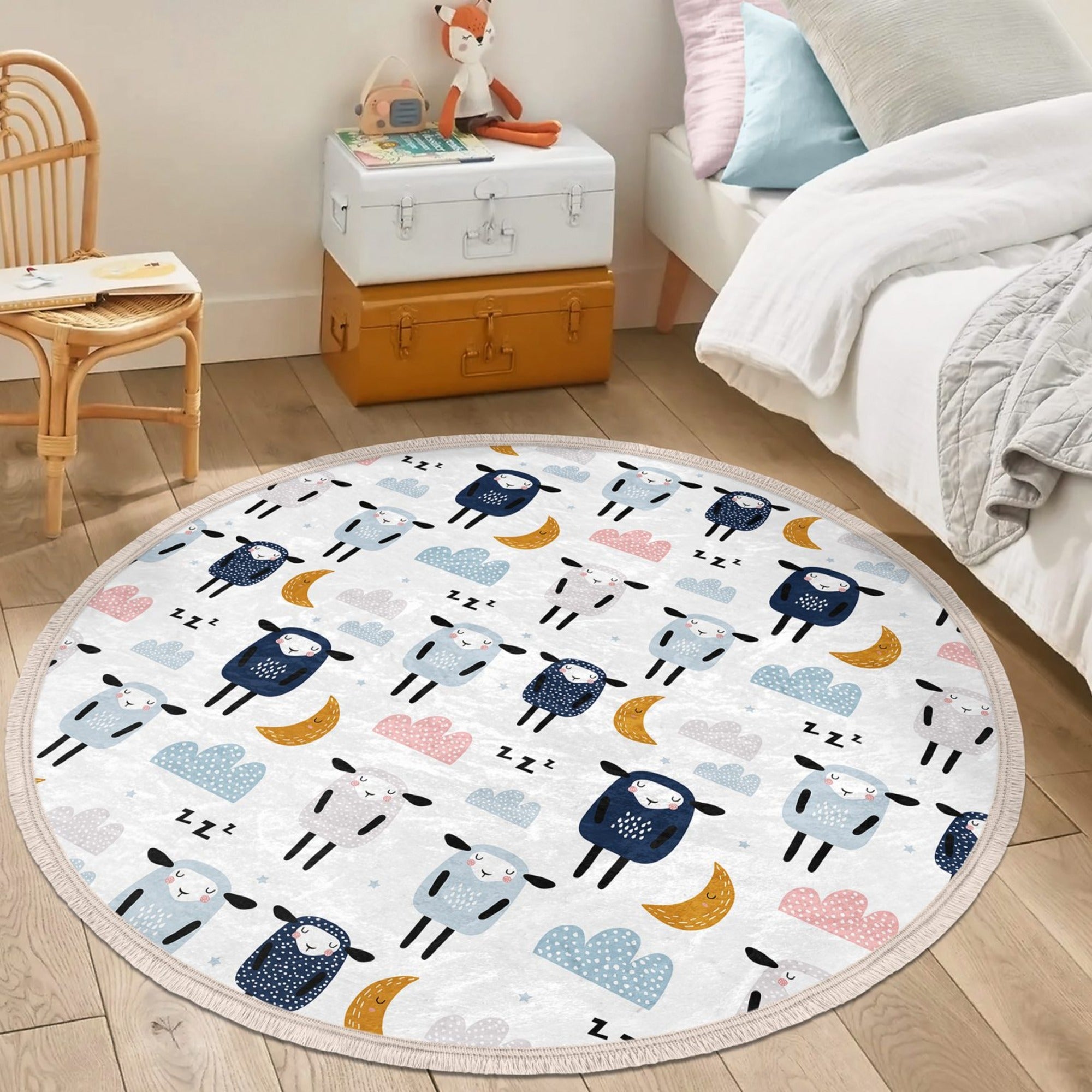 Sheep Printed Decorative Round Rug in a nursery setting, showcasing its soft velvet texture and playful design.