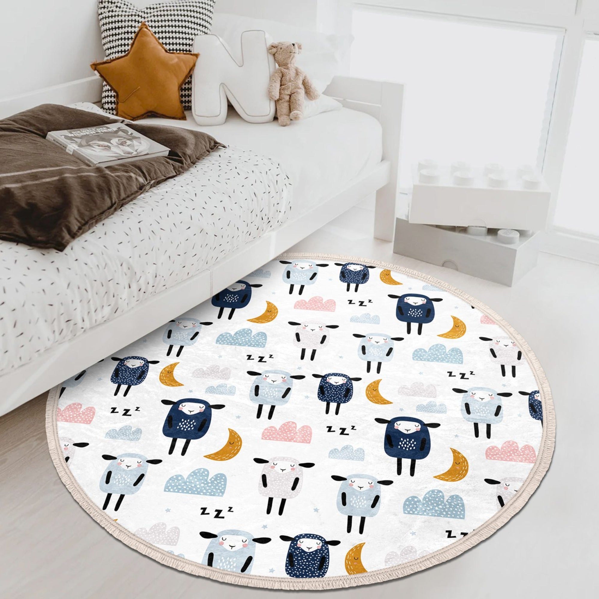 Sheep Printed Decorative Round Rug in a nursery setting, showcasing its soft velvet texture and playful design.