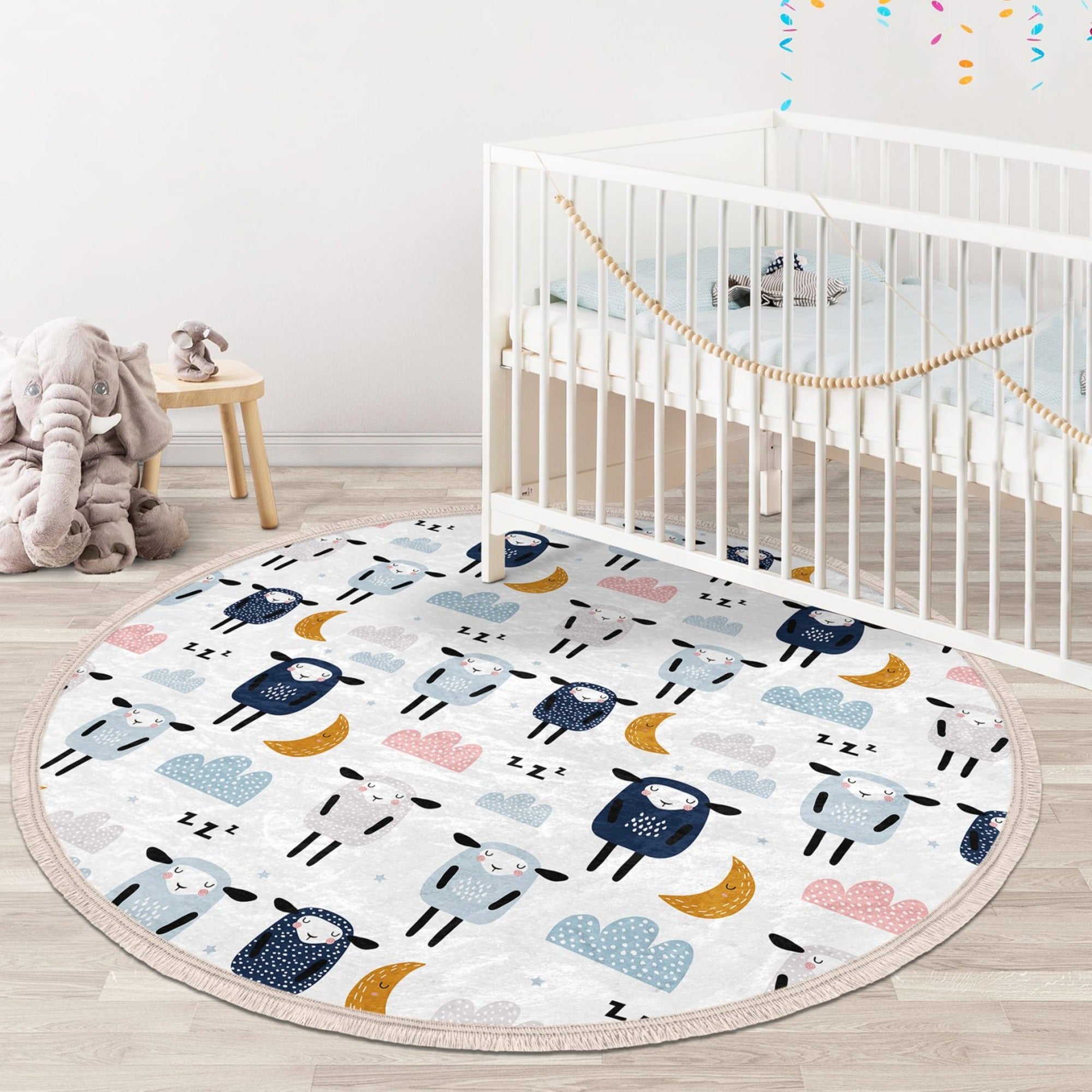 Sheep Printed Decorative Round Rug in a nursery setting, showcasing its soft velvet texture and playful design.