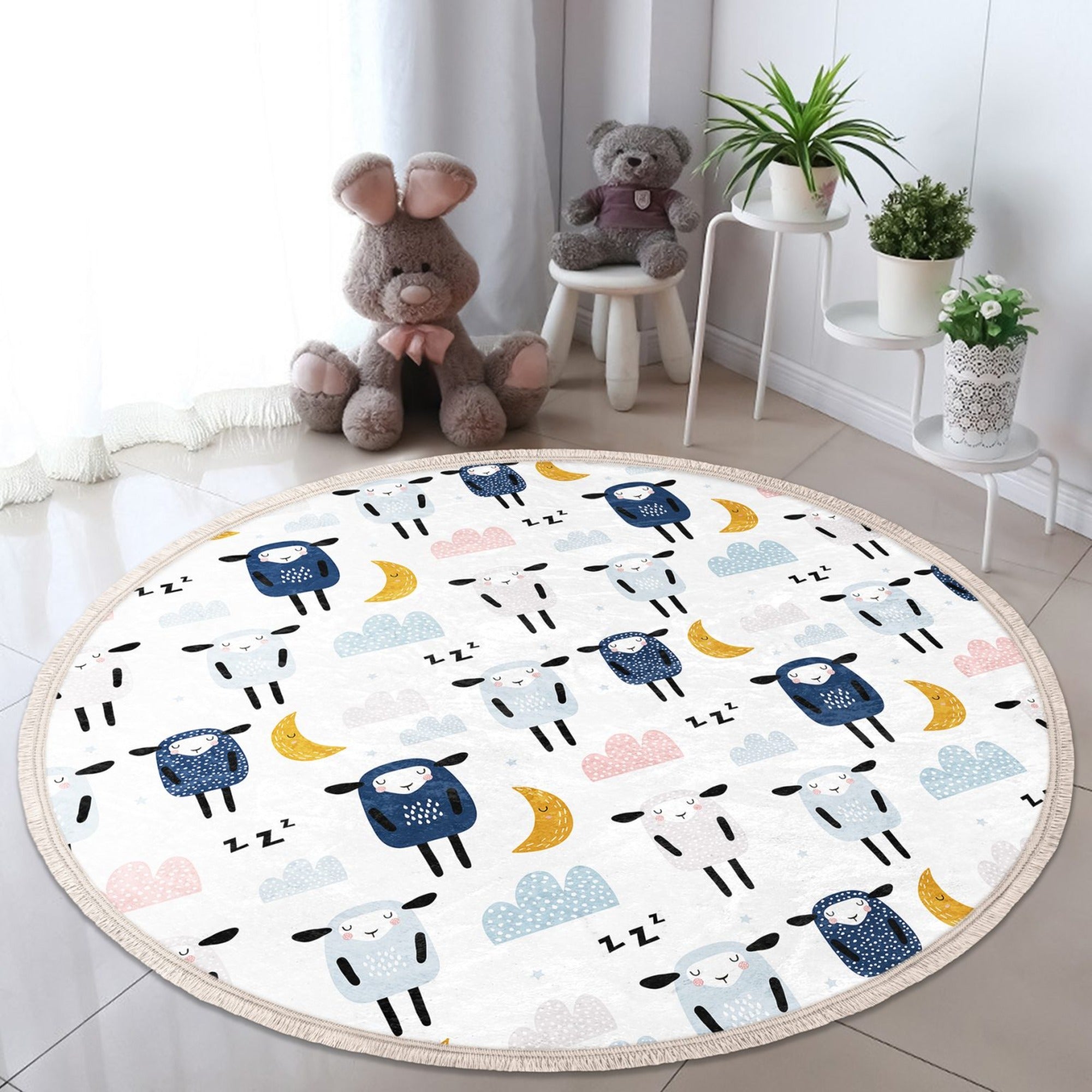 Sheep Printed Decorative Round Rug in a nursery setting, showcasing its soft velvet texture and playful design.