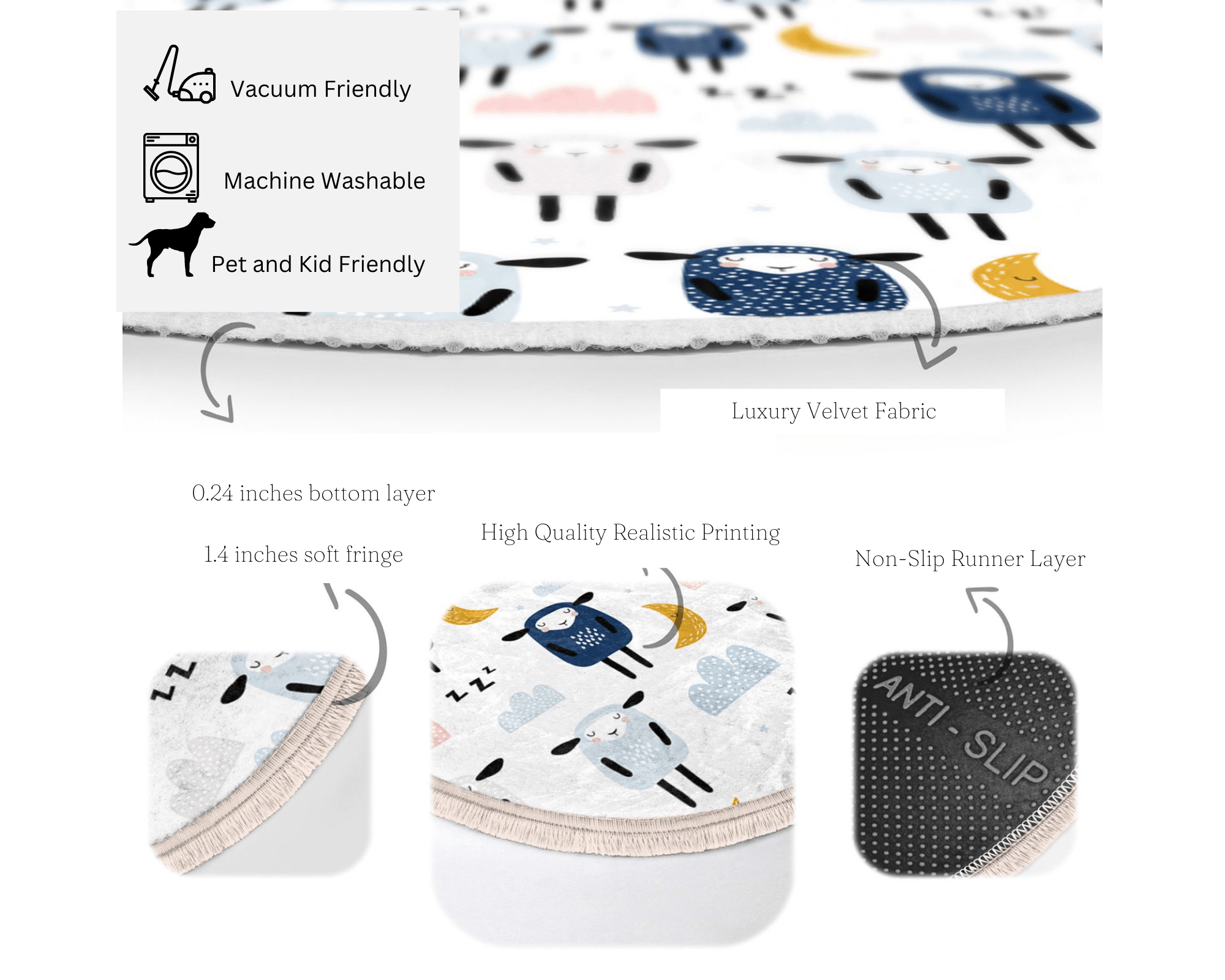 Sheep Printed Decorative Round Rug in a nursery setting, showcasing its soft velvet texture and playful design.