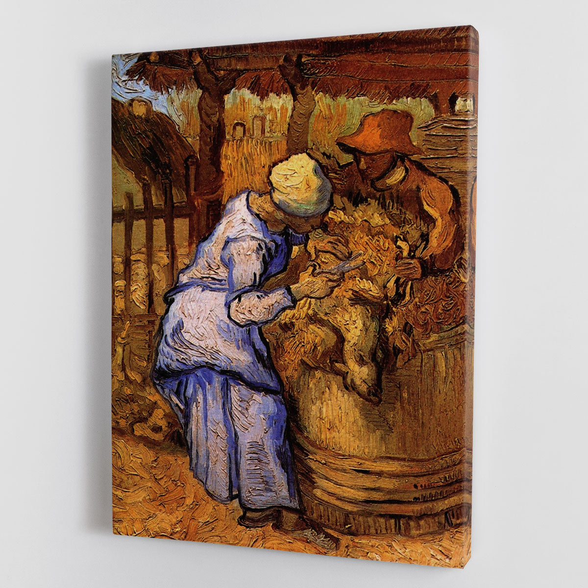 Canvas print of Van Gogh's Sheep Shearers artwork, showcasing vibrant colors and intricate details.