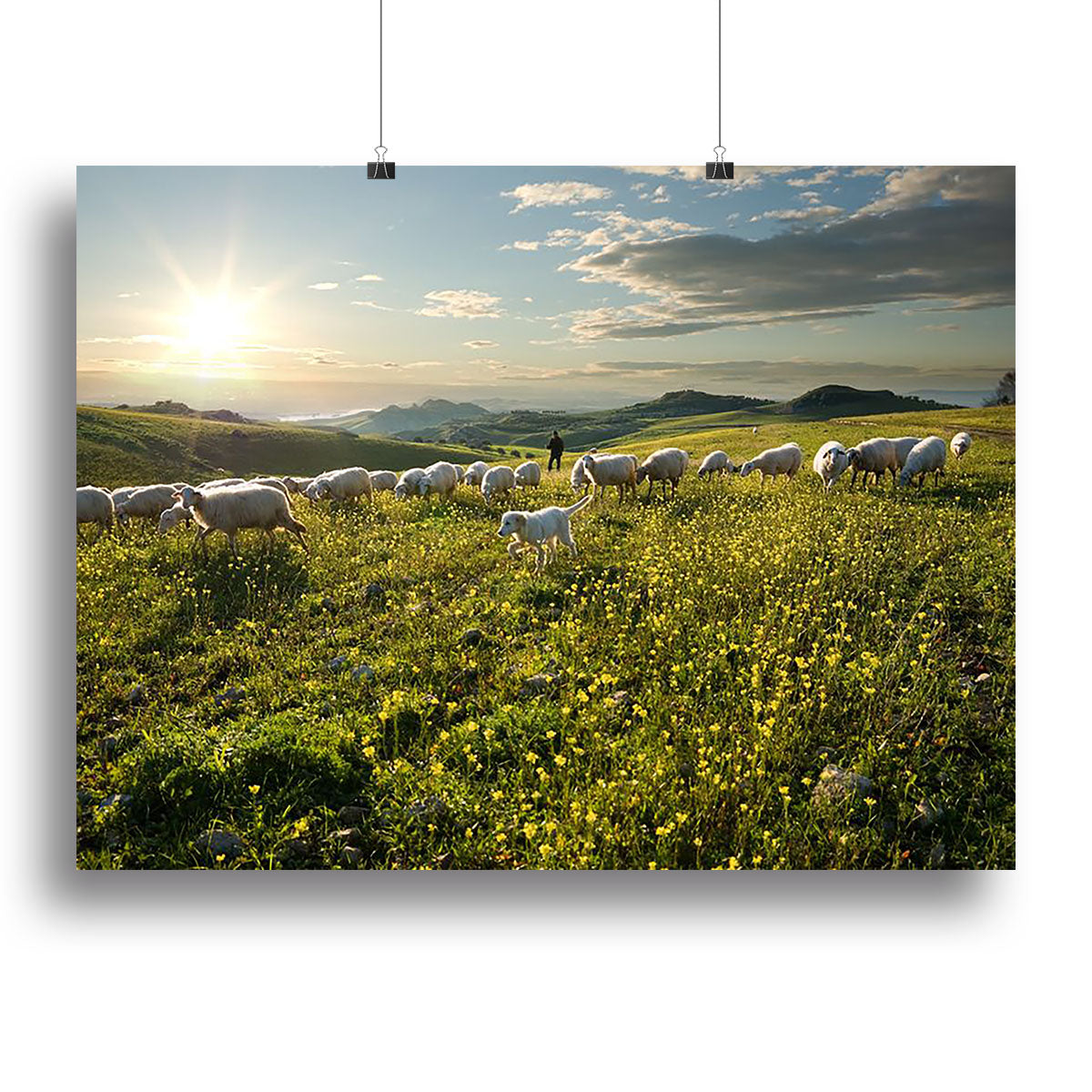 A beautiful canvas print featuring a shepherd with a dog and sheep in a serene pastoral setting, showcasing nature's tranquility.