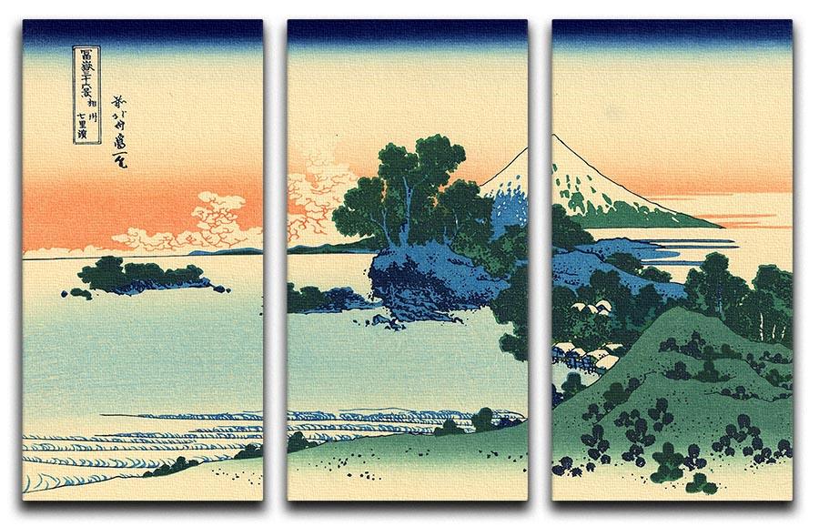 Three-panel canvas art featuring Hokusai's Shichiri Beach, showcasing serene waves and a tranquil landscape.
