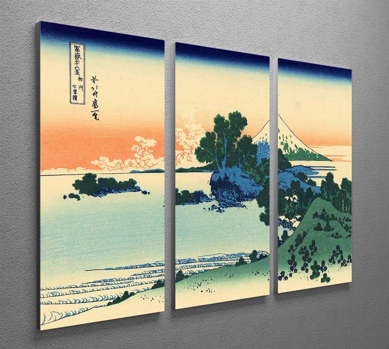 Three-panel canvas art featuring Hokusai's Shichiri Beach, showcasing serene waves and a tranquil landscape.