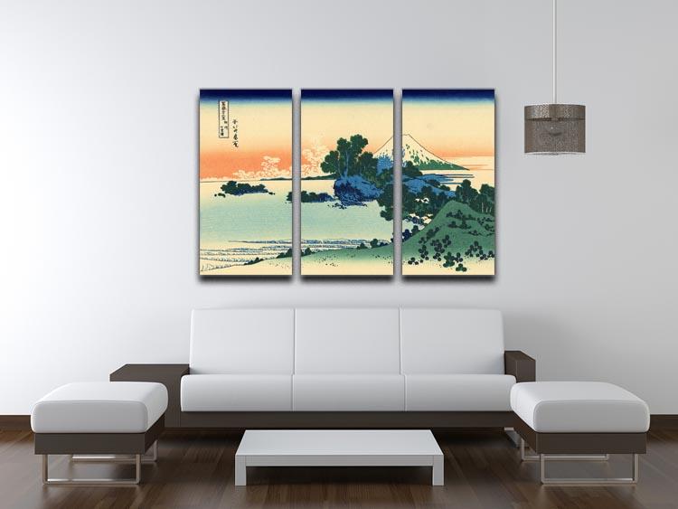 Three-panel canvas art featuring Hokusai's Shichiri Beach, showcasing serene waves and a tranquil landscape.