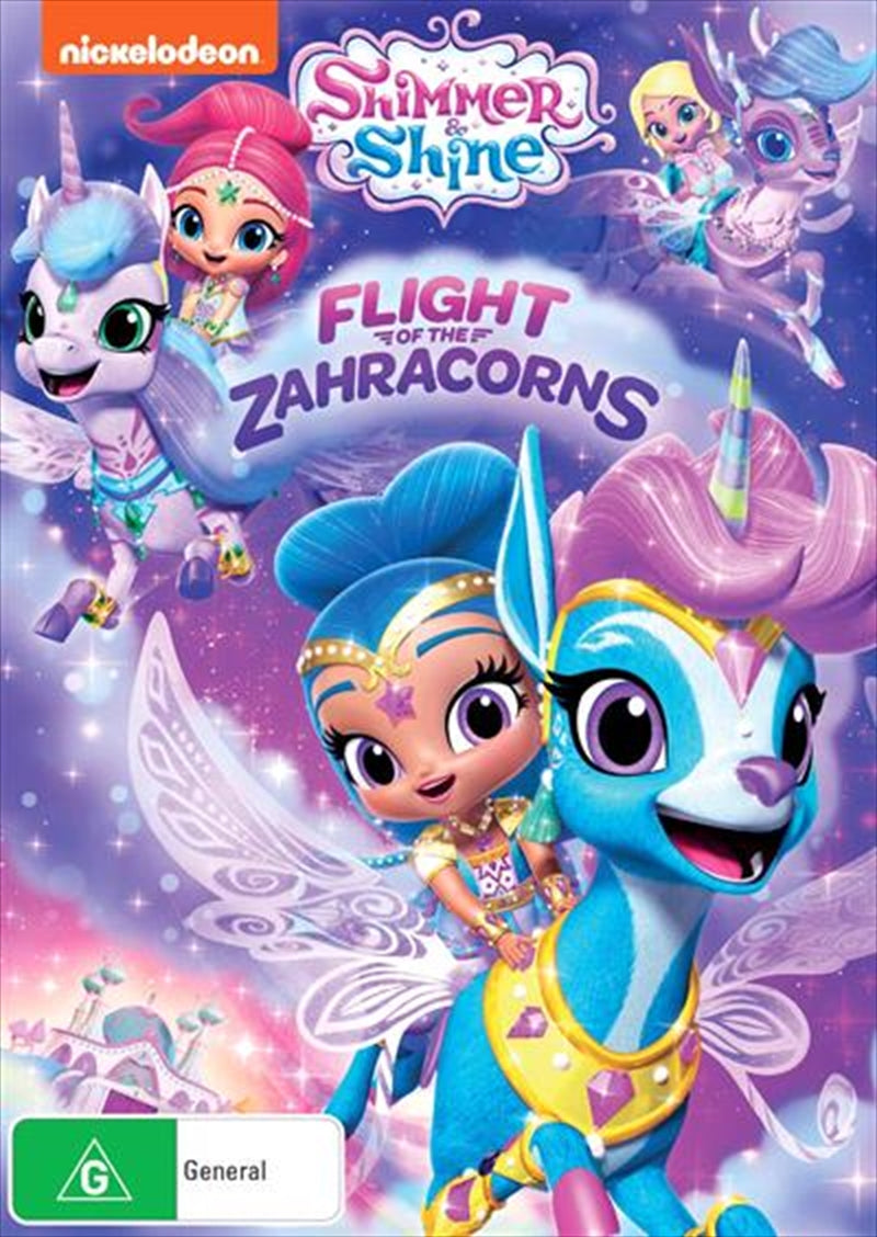 Shimmer and Shine Flight of the Zahracorns DVD cover featuring colorful genies and magical creatures.