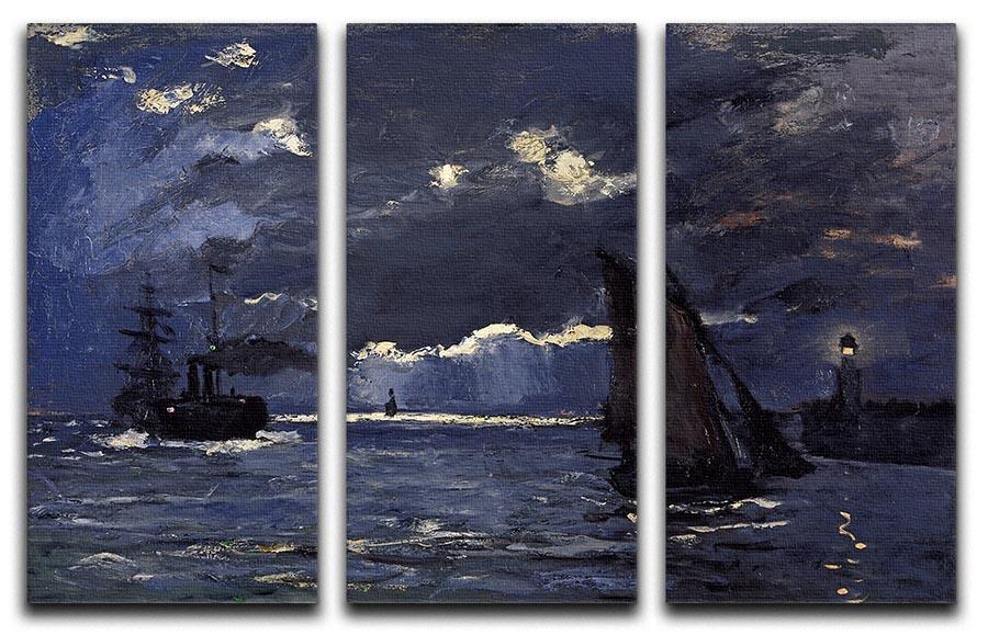 Shipping by Moonlight by Monet Split Panel Canvas Print featuring three panels of beautiful moonlit scenery.
