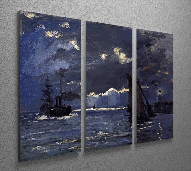 Shipping by Moonlight by Monet Split Panel Canvas Print featuring three panels of beautiful moonlit scenery.