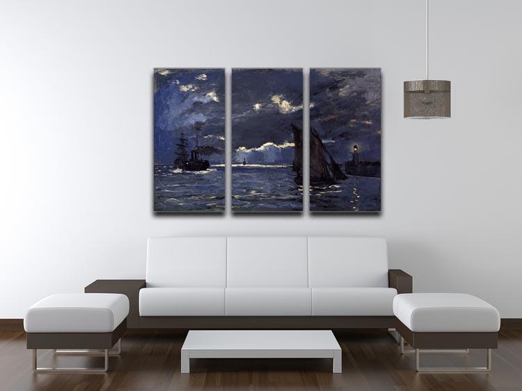 Shipping by Moonlight by Monet Split Panel Canvas Print featuring three panels of beautiful moonlit scenery.