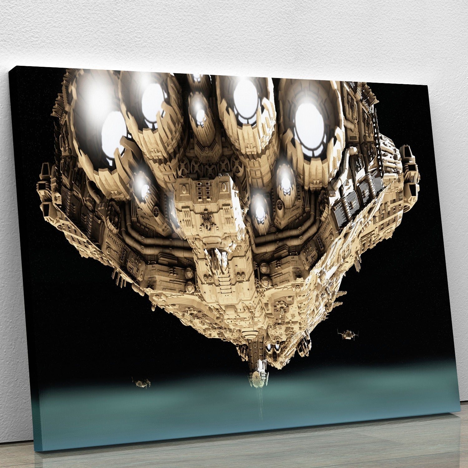 A beautiful canvas print or poster depicting ships in low orbit over a vibrant planet, showcasing stunning colors and intricate details.