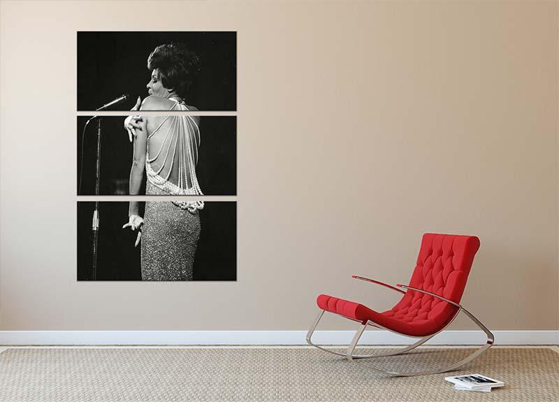 Shirley Bassey on stage 3-panel canvas print showcasing vibrant colors and elegant design.