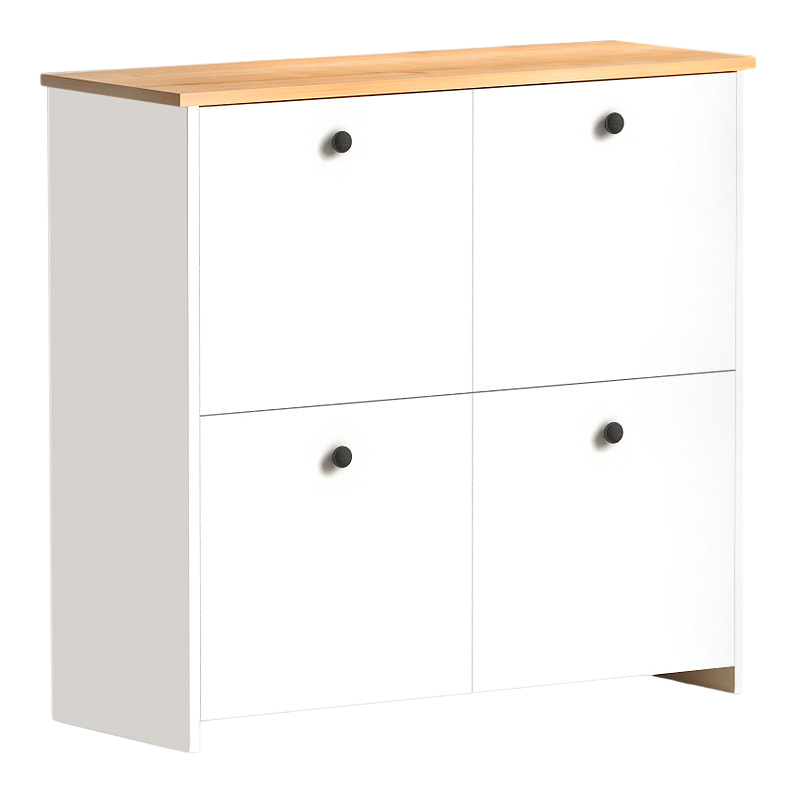 EUSEBIO Shoe Rack in white-oak finish, holding 16 pairs of shoes with four shelves and opening leaves.