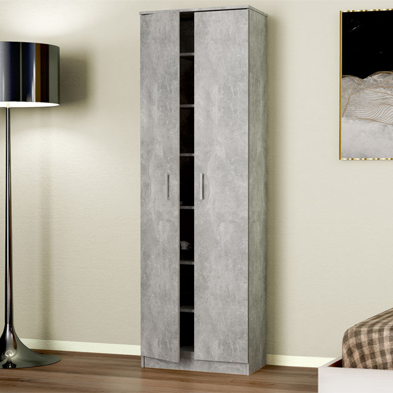 Shoe Rack IBIZA in concrete grey, holding 21 pairs of shoes, showcasing its double-sided design and modern aesthetic.