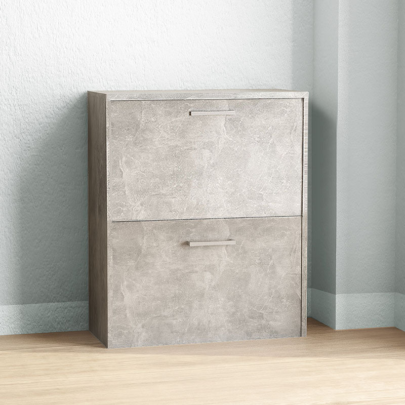 ZOE Shoe Rack in concrete grey, holding 12 pairs of shoes, featuring a modern design and durable melamine construction.