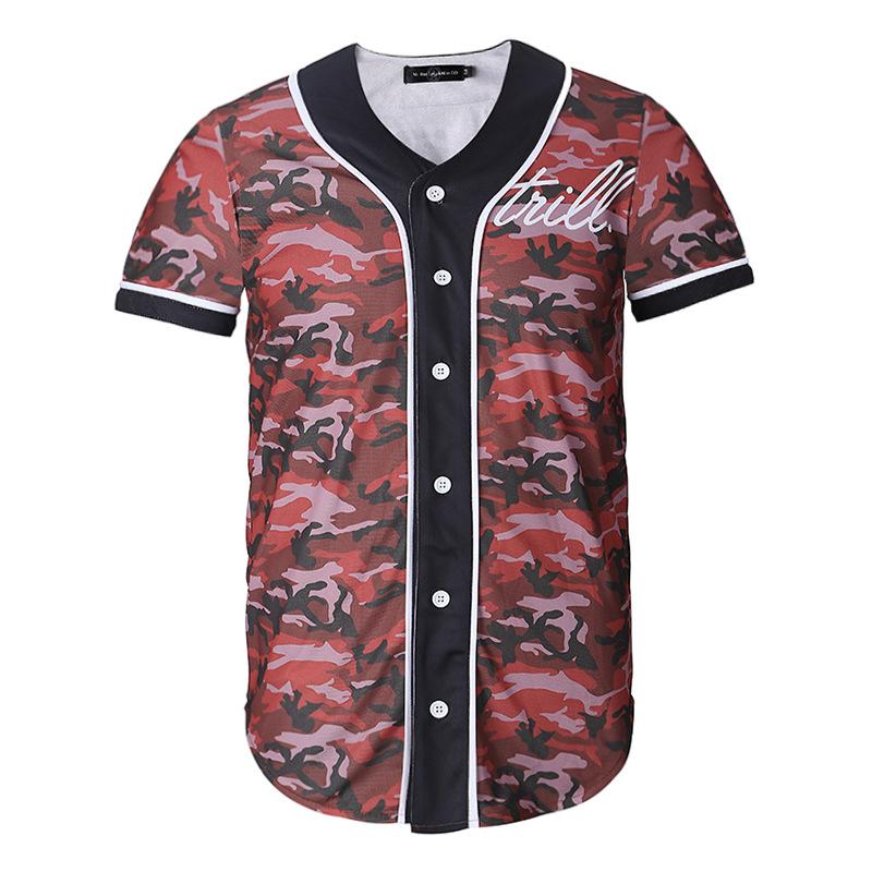 Men's short sleeve baseball jersey in slim fit with V-neck design, made from cotton and spandex blend, ideal for sports and casual wear.