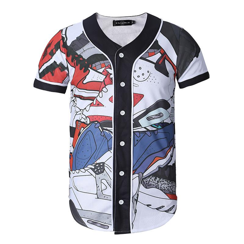 Men's short sleeve baseball jersey in slim fit with V-neck design, made from cotton and spandex blend, ideal for sports and casual wear.