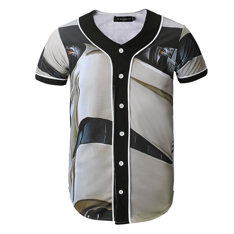 Men's short sleeve baseball jersey in slim fit with V-neck design, made from cotton and spandex blend, ideal for sports and casual wear.