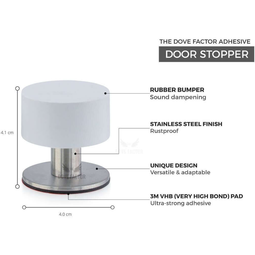 Short white door stop with screws, made of stainless steel, designed for wall and floor protection, featuring a sleek and modern aesthetic.