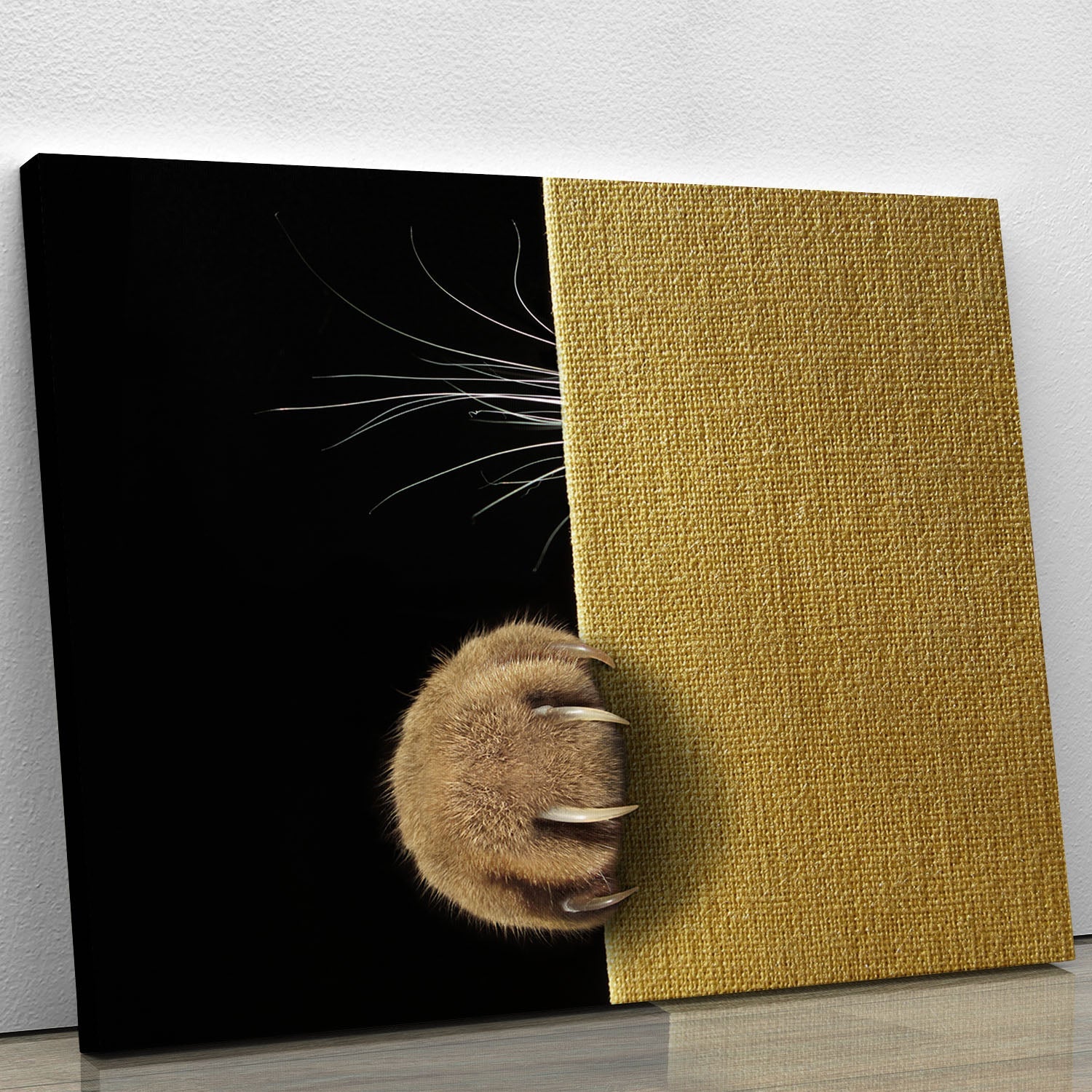 A charming canvas print featuring a shy cat, showcasing intricate details and vibrant colors, perfect for home decor.