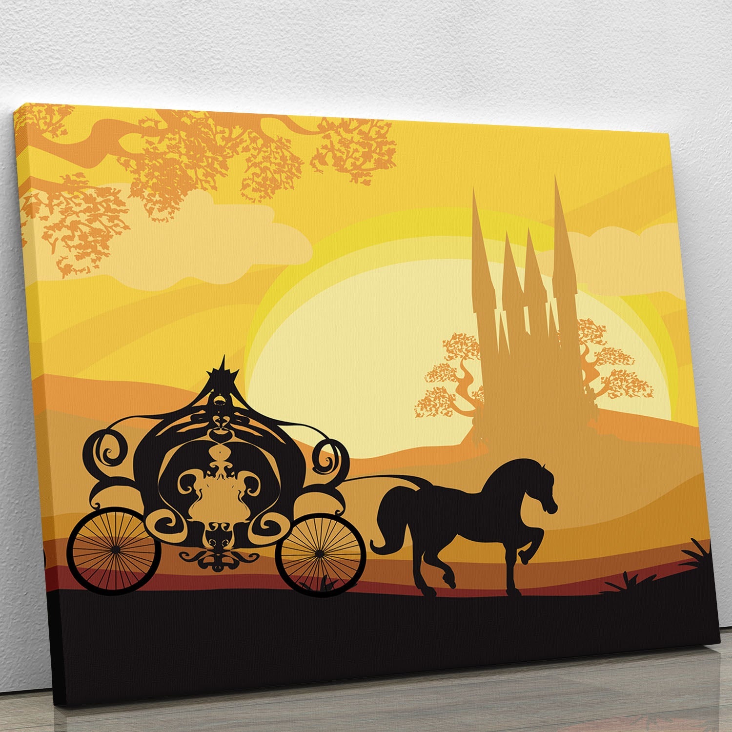 A beautiful silhouette of a horse carriage on a canvas print, showcasing elegance and timeless design.