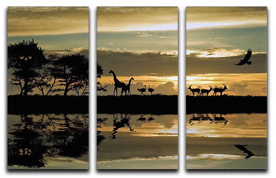 A beautiful 3-panel canvas print featuring silhouettes of African animals against a vibrant background, perfect for home decor.