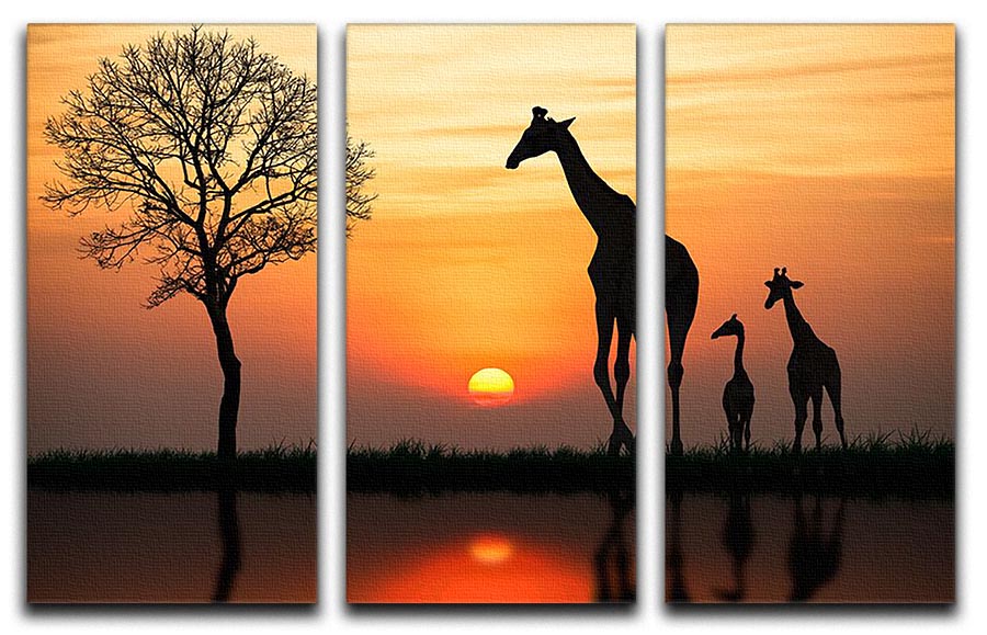 Three-panel canvas art featuring a silhouette of a giraffe with a reflection in water, ideal for modern decor.