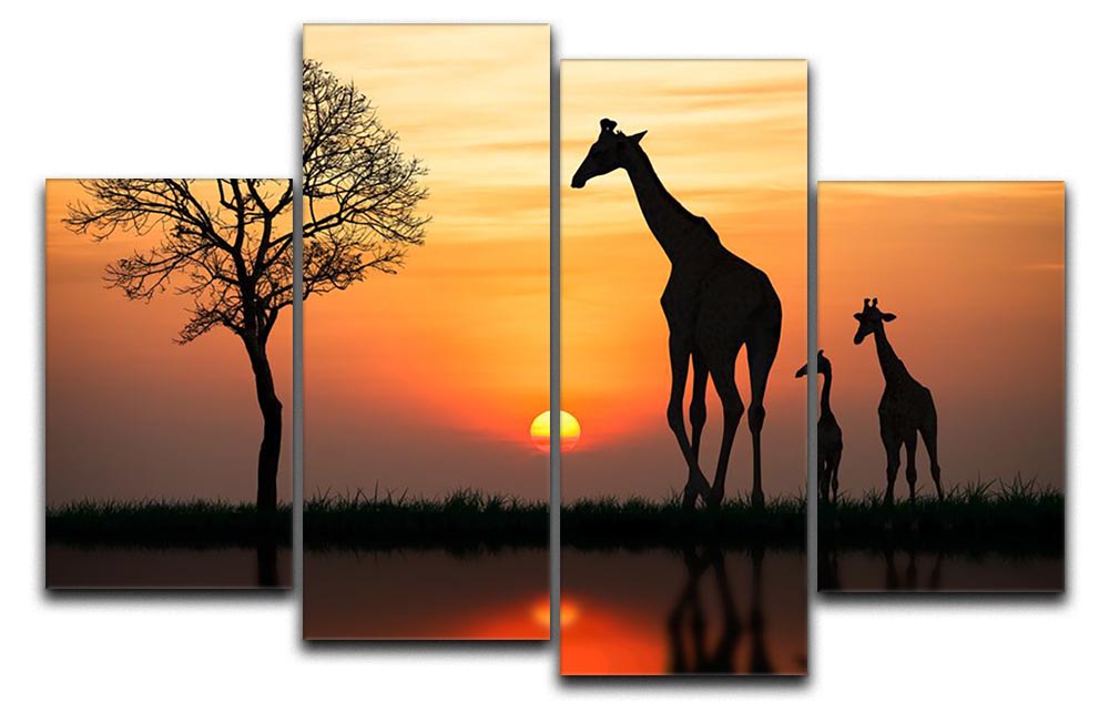 A stunning 4-panel canvas artwork featuring a silhouette of a giraffe with its reflection in water, creating a serene and elegant display.
